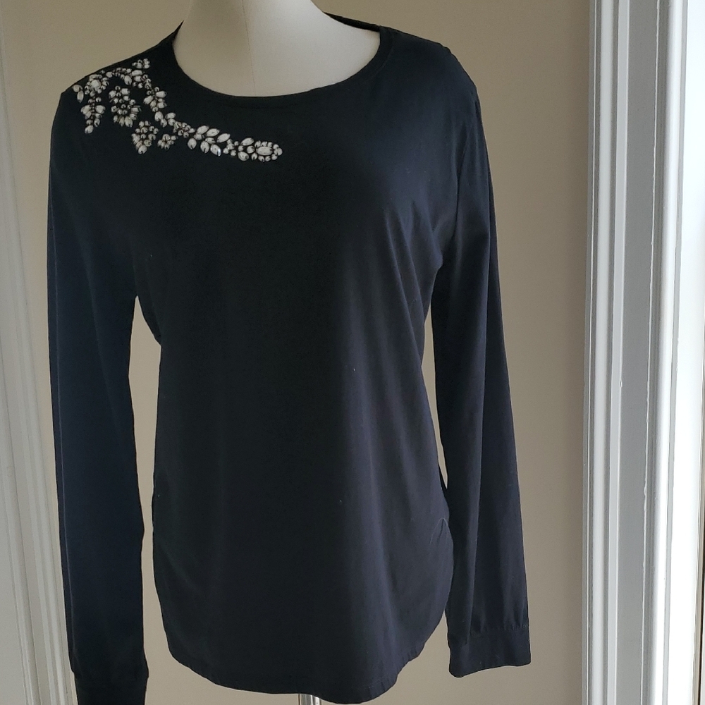 Talbots Black Blouse with White Embellishments